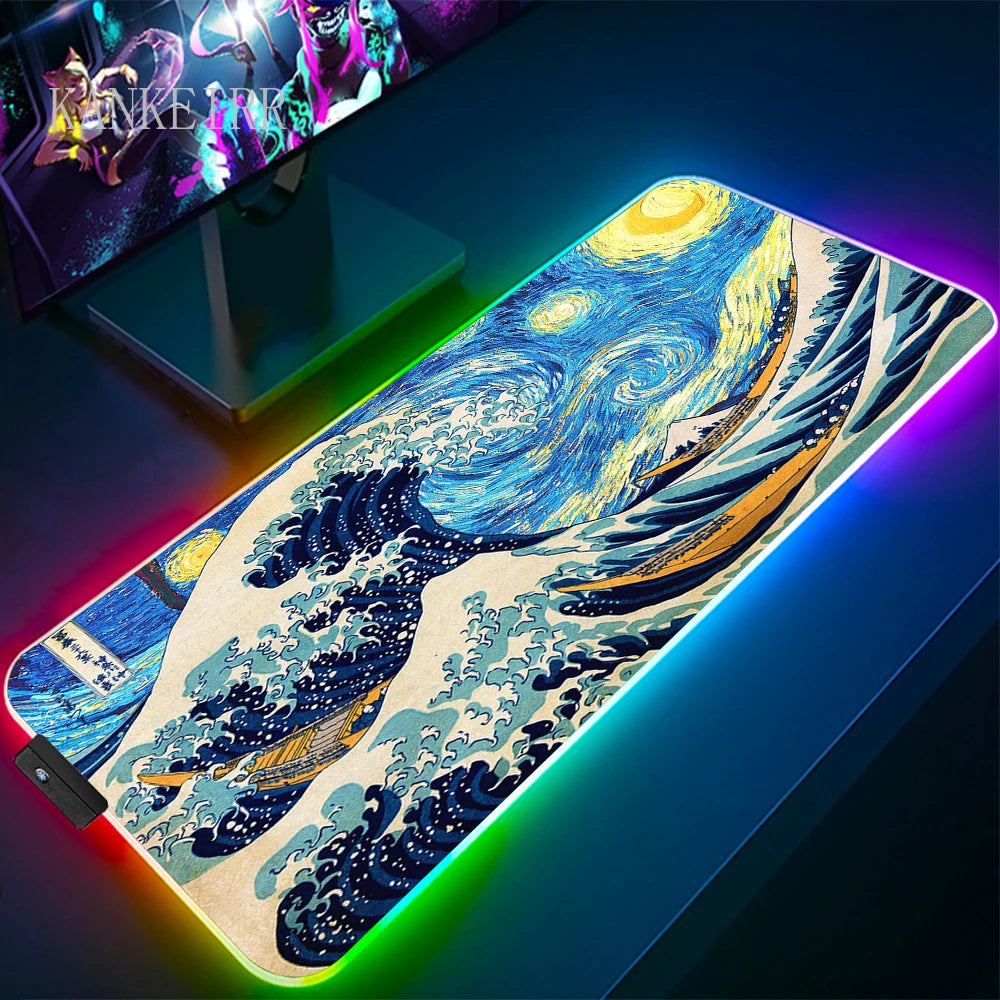 The Great Wave off Kanagawa RGB Gaming Mouse Pad Desk Mat LED Light Mousepad Artistic Computer Carpet With Backlit Mouse Pads