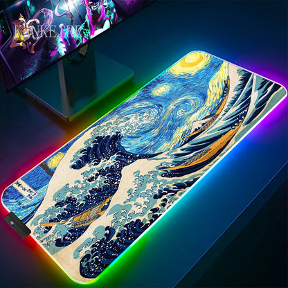 The Great Wave off Kanagawa RGB Gaming Mouse Pad Desk Mat LED Light Mousepad Artistic Computer Carpet With Backlit Mouse Pads