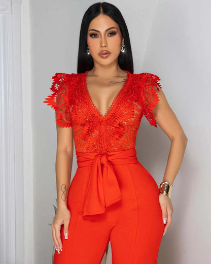 Women's Jumpsuit Elegant Lace V Neck Short Sleeve High Waisted Wide Leg Rompers Sports Fitness Party Banquet Jumpsuites Sexy Y2K