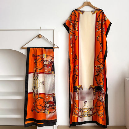 2025 Summer New Fashion African Dresses For Women Elegant Printed Silk Muslim Lady Long Hijab Kaftan Dress Oversize Kuwait Abaya