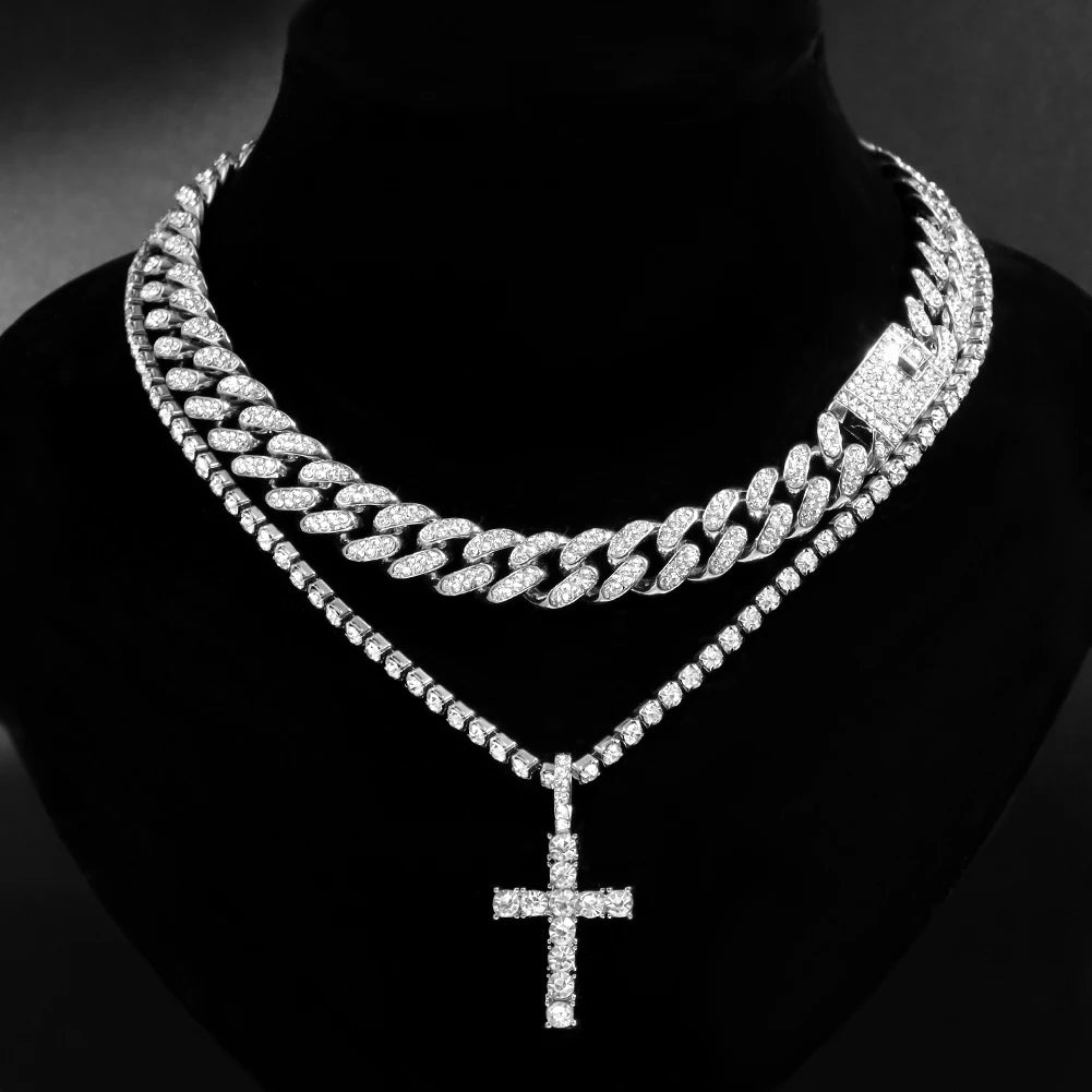 Hip Hop Diamond Cuban Link Chain Cross Necklace Men Women 2Pcs Bling Miami Cuban Chain Necklace Set Iced Out Chain Jewelry