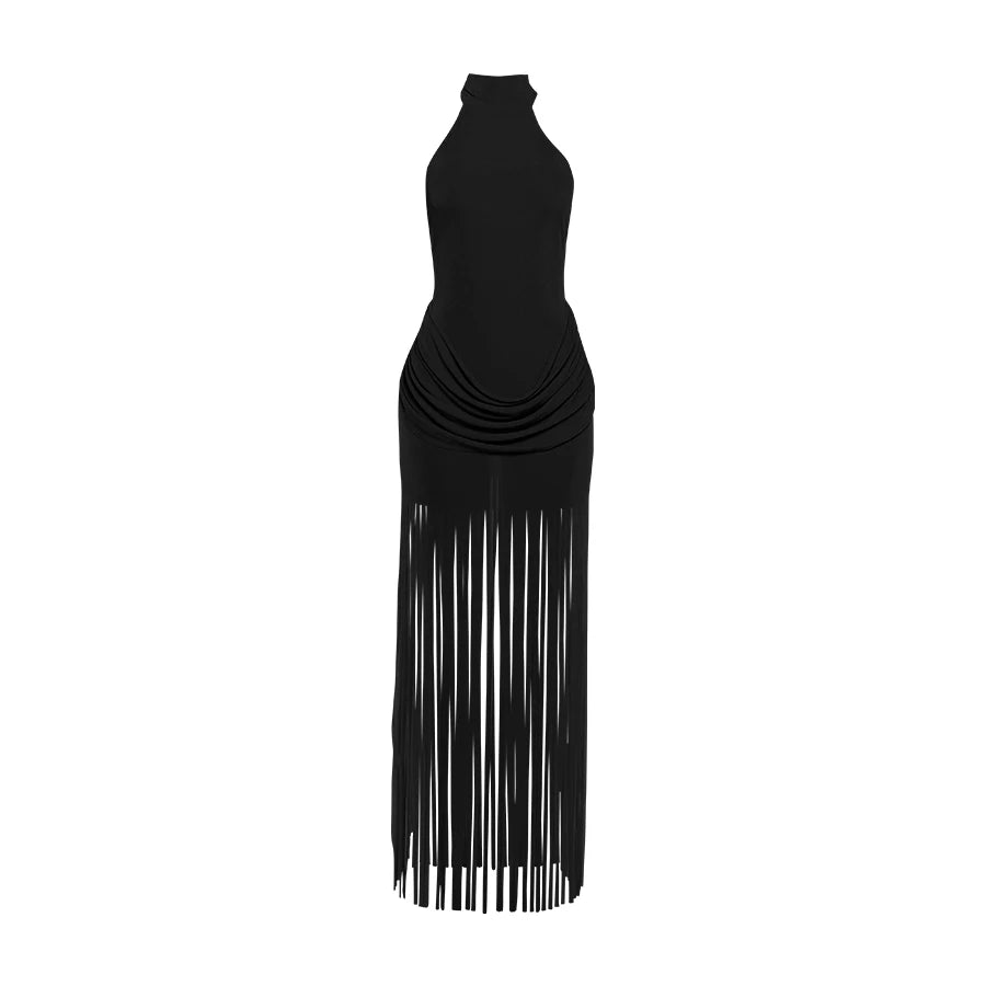 Weird Puss Halter Turtleneck Dress Women Velvet Ruched Patchwork Tassel Hem Elegant Sexy Backless Valentine's Day Party Bodycon