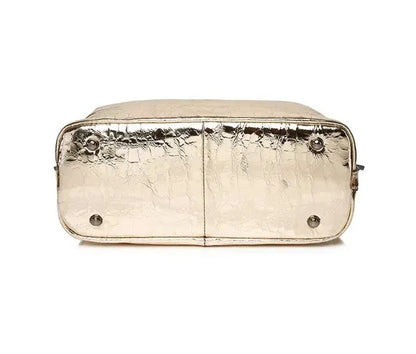 Real Leather Shiny Tote Handbags For Women Fashion Genuine Cowhide Leather Metallic Lady Bags With Shiny Embossed Coating