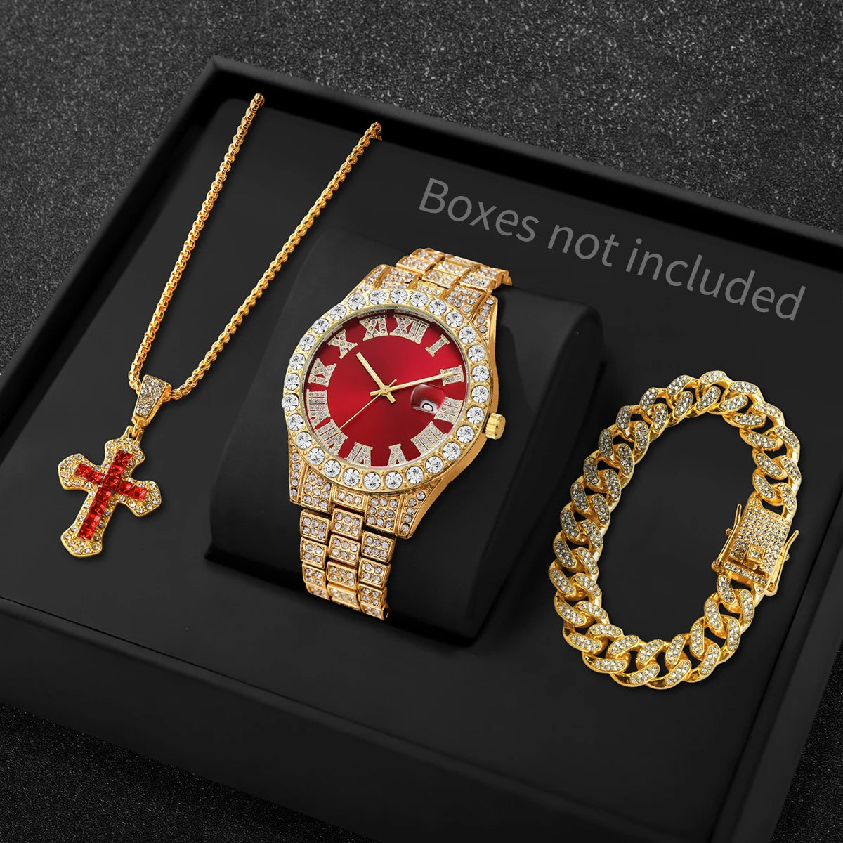 Men Iced Watch Set Red Crystal Cross Necklace Diamond Cuban Bracelet