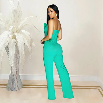 Sexy Backless Strapless Jumpsuit Summer Women Fashion Solid Button Sleeveless Slim Fit Wrap Hip Jumpsuits Elegant Office Romper