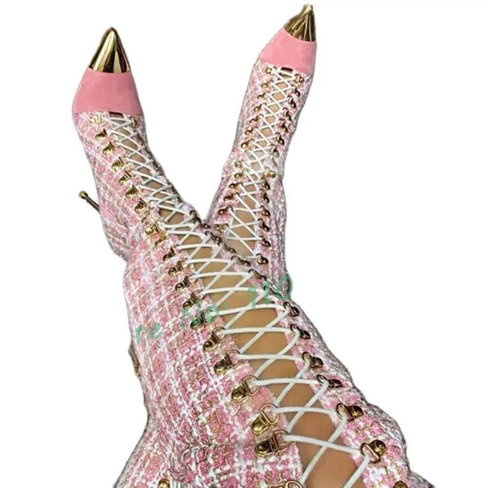 Pink Plaid Hollow Tall Boots With Metal Pointy Toe Women Cross Tied High Heels Boots Ladies Autumn Fashion Nifty Leggy Boots
