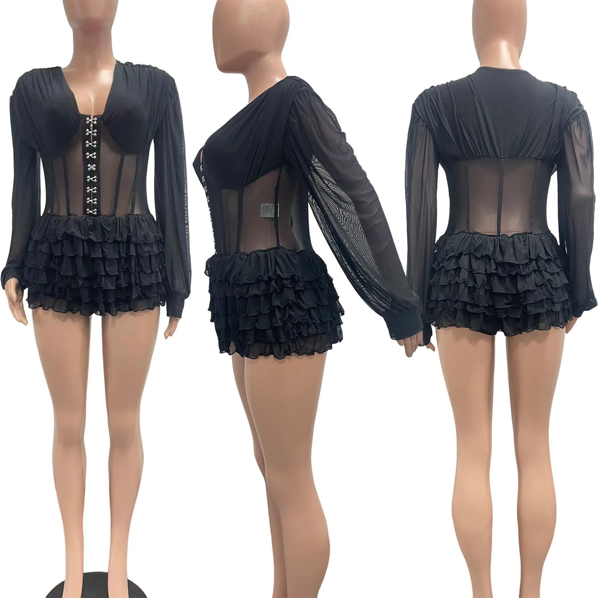 Boho Summer Mesh Casual Playsuit Sexy Women V-neck Elegant Night Club Ruffles Romper Overalls
