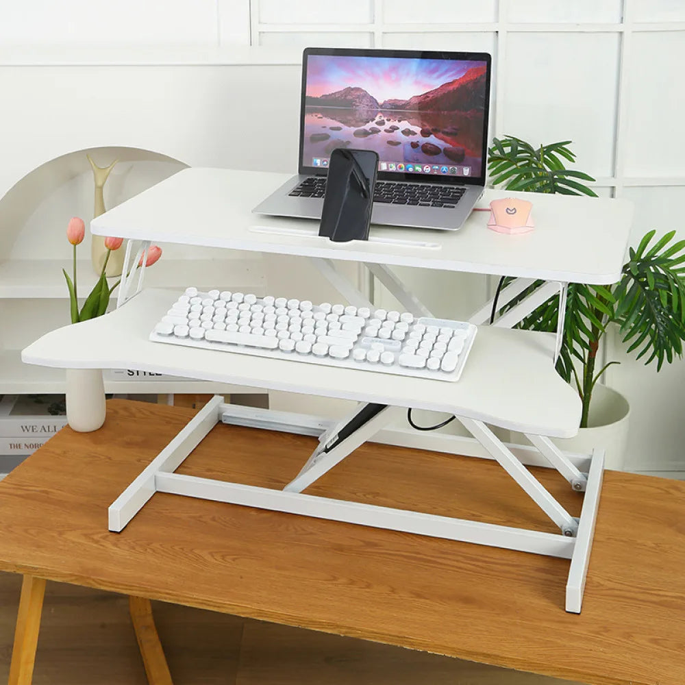 32" Modern Height Adjustable Desk Converter, Sit Stand Dual Monitor & Laptop Workstation with Wide Keyboard Tray, Eco-Friendly