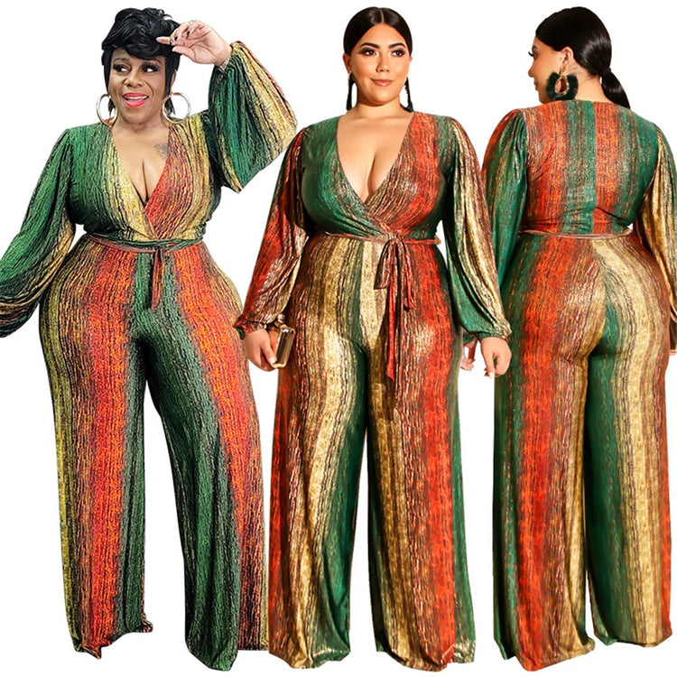 New Plus Size Women Jumpsuits Elegant V Neck Long Sleeve Rompers Office Lady Straight One Piece Outfits Wholesale Drop Shipping