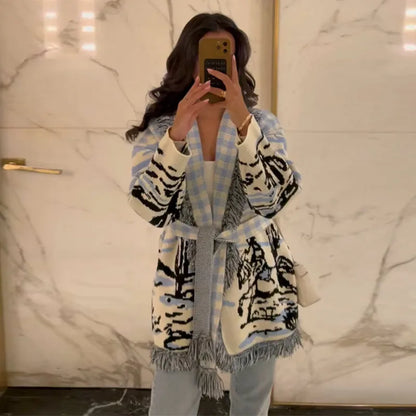 Casual Print Knit Cardigan Women V Neck Long Sleeves Tassels Belts Loose Sweater Female 2026 Autumn Winter Chic Warm Knitwears