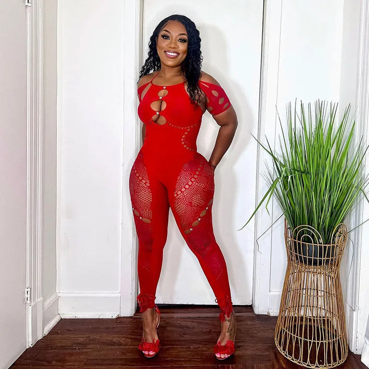 Jacquard See Through Hollow Out Skinny Jumpsuits Women Sexy Halter Short Sleeve Peach Hips Slim Night Club Rompers Lingerie
