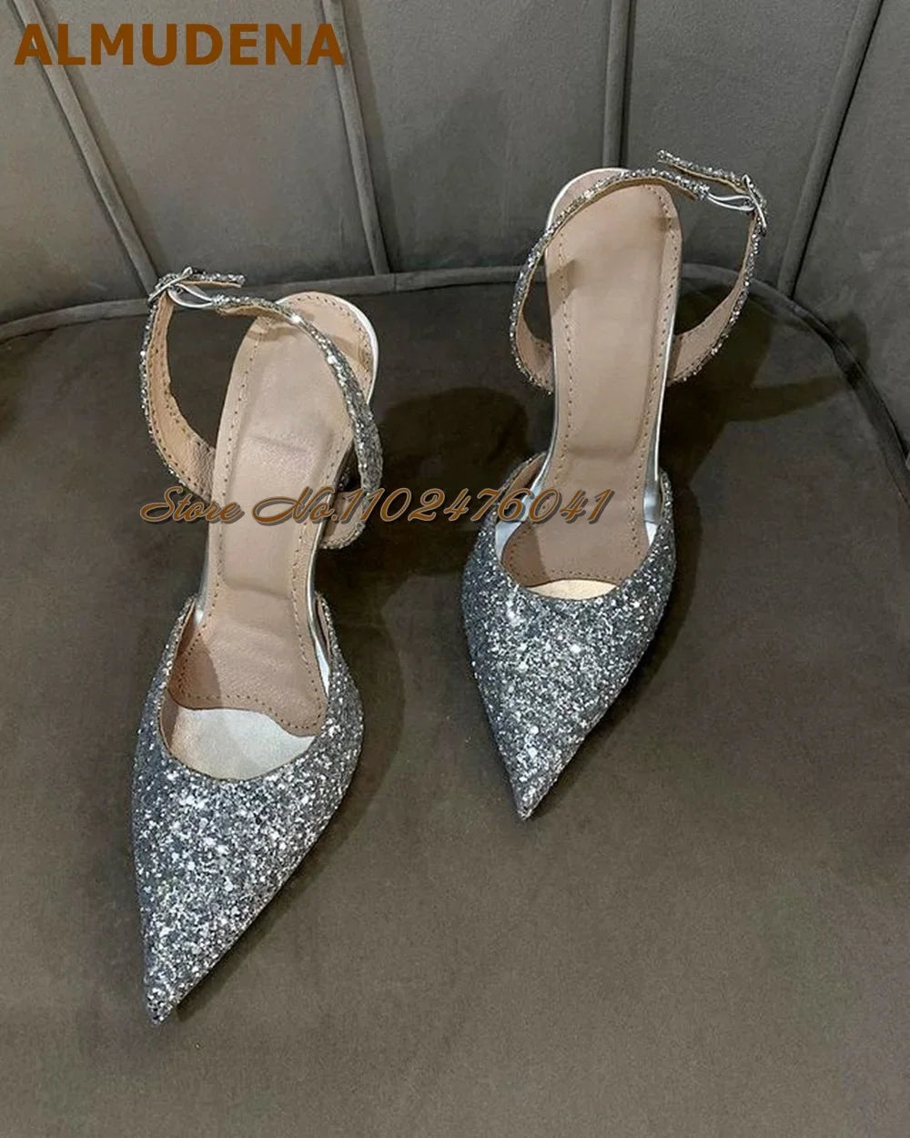 ALMUDENA Green Satin Fabric Slingback Banquet Shoes Red Silver Bling Bling Sequined Wedding Shoes Buckle Strap Shallow Pumps