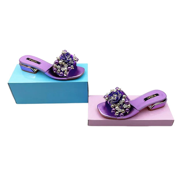 Women Purple Block Heels 3cm Slippers To Match Shoes And Bag Crystal Flowers High Heeled Slides For Summer Fashionable Shoes 43