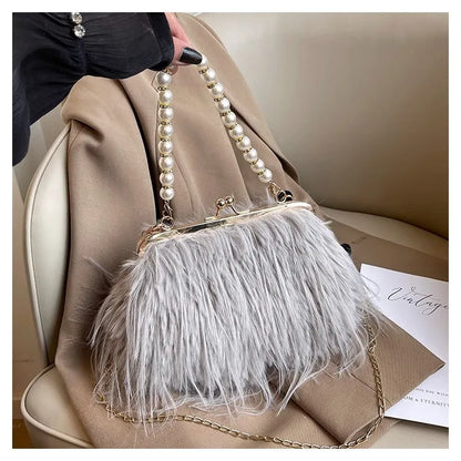 Beading Chain Women's Evening Plush Handbags Faux Fur Tassel Ladies Shoulder Bag Elegant Female Crossbody Bags Party Furry Purse