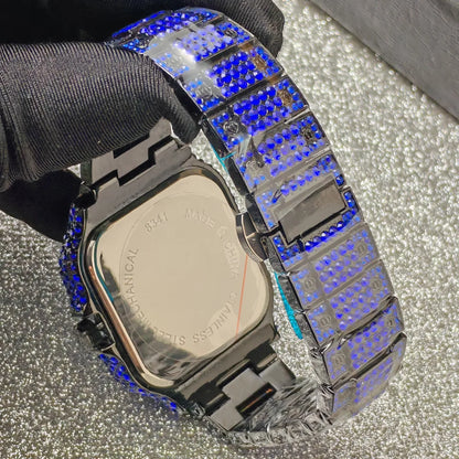 Classic Blue Black Iced Out Quartz Watch Men Full Diamond Watch Male Sliver Vintage Square Shaped Hip Hop Man AAA Clock Reloj