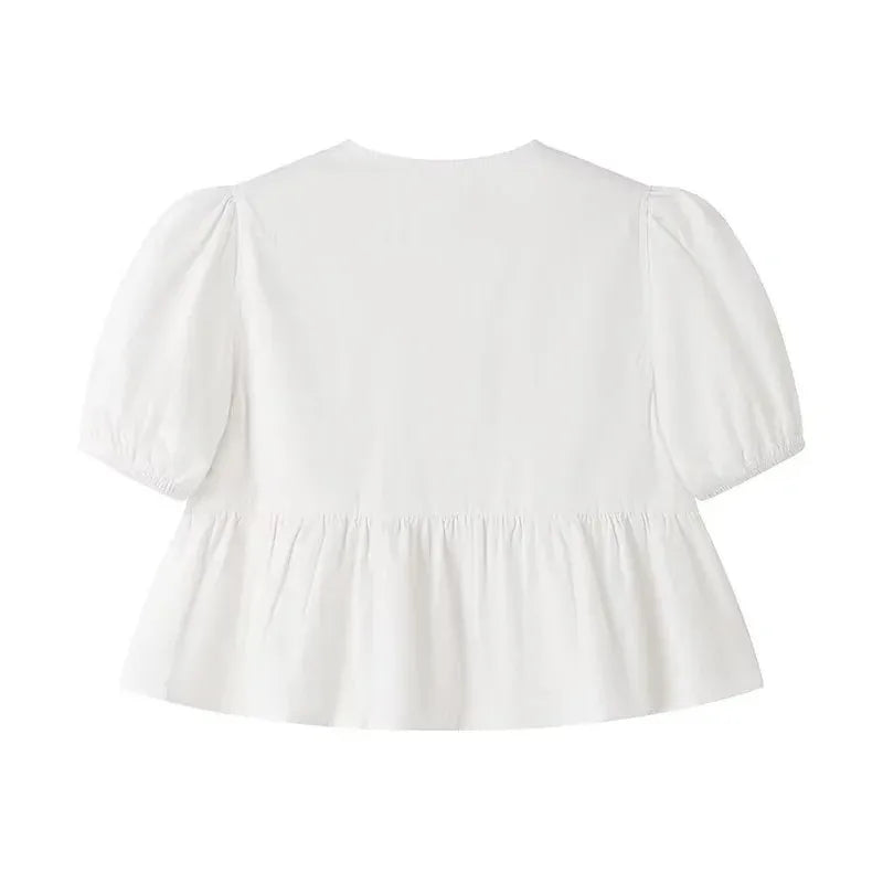 MUJER Leopard Print Crop Top Women Puff Sleeve Ruffle Blouses Woman 2025 Summer Shirts and Blouses for Women Ruched Ladies Tops