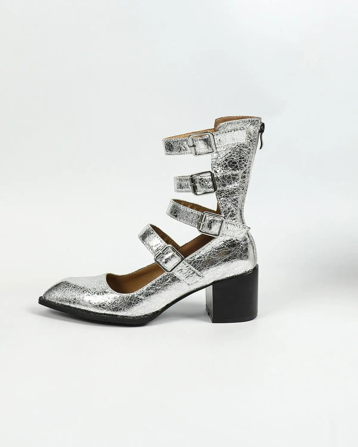 Women Summer Boots Retro Design Belt Buckle Roman Cool Boots High Thick Heel Hollow Golden Silvery Black Sandals for Woman