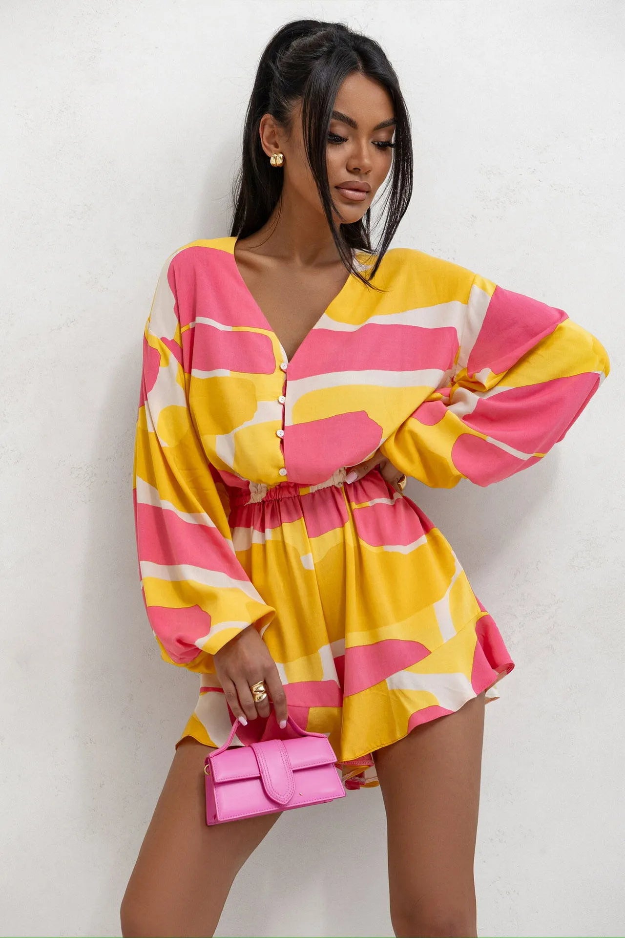Fashion Print Jumpsuit V-neck Buttons Long Sleeves High Waist Spliced ruffle Slim Shorts Jumpsuits For Women Spring New Style
