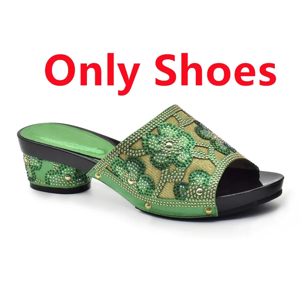 New Arrival Green Color Nigerian Shoes and Matching Bags Set Italian Ladies Shoes and Bags To Match Set Decorated with Rhinstone