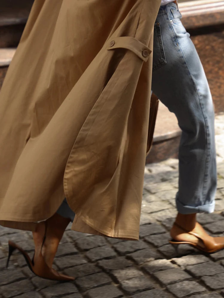 Solid Commute Women's Trench Coat Ovesized Puff Sleeve Single Breasted Long Jacket Lapel Side Slit 2026 New Autumn Lady Outwear