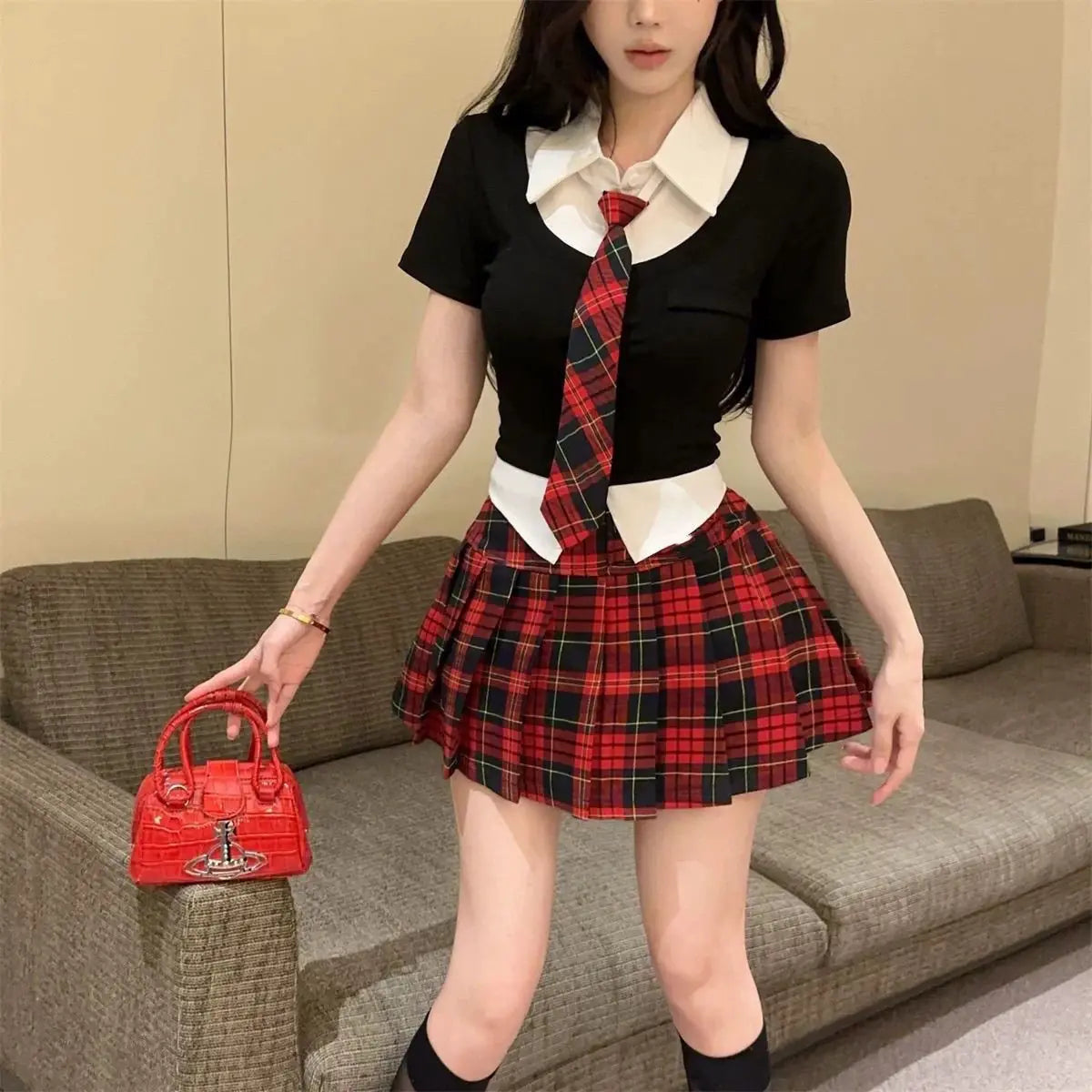 2025 korean style polo collar short-sleeved tops high-waisted jk plaid short skirts 2 piece summer girls  school uniform jk set