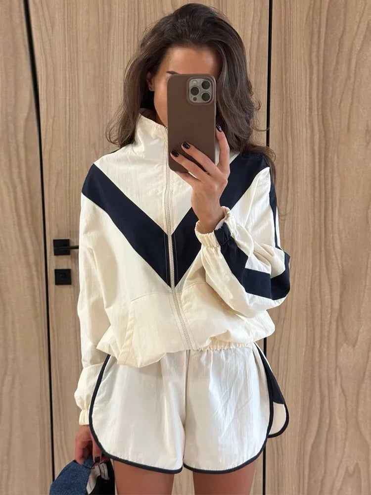 Chevron Stripe Windbreaker Tracksuit Women Casual Zip Cropped Jacket Contrast Trim Shorts Suit Lady Daily Jogging Street Outfit