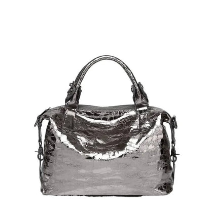 Real Leather Shiny Tote Handbags For Women Fashion Genuine Cowhide Leather Metallic Lady Bags With Shiny Embossed Coating
