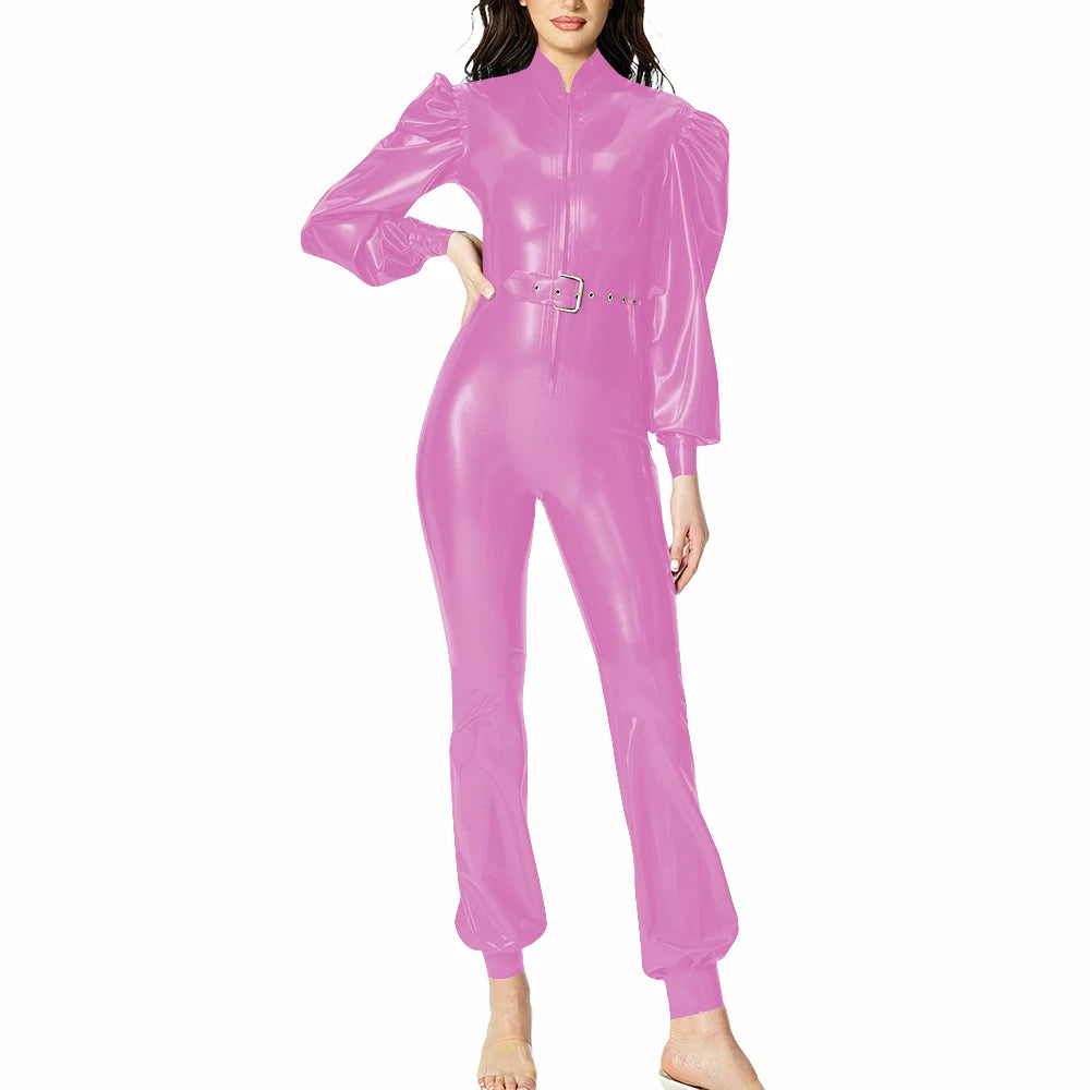 Plus Size Fashionable PVC Patent Leather Jumpsuit for Women Latex-look Clubwear Stand Collar Belt Puff Long Sleeve Slim Rompers