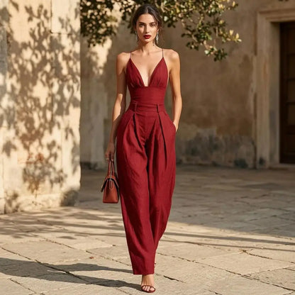 Elegant Sexy V-Neck Spaghetti Strap Jumpsuit Women High Waist Wide Leg Casual Romper Spring Boho Solid Backless Pockets Overalls