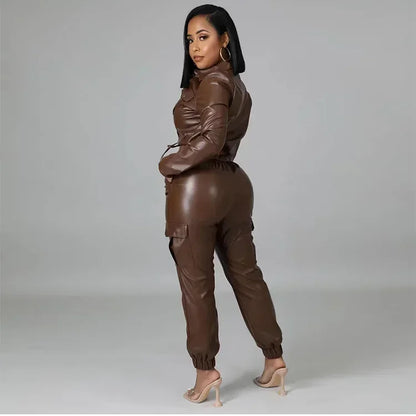 Women Jacket Sets 2 Piece Long Sleeved Slim PU Leather Gripped Pants Set Solid Zipper Fly Pencil Pants Slim Fit High Street Suit