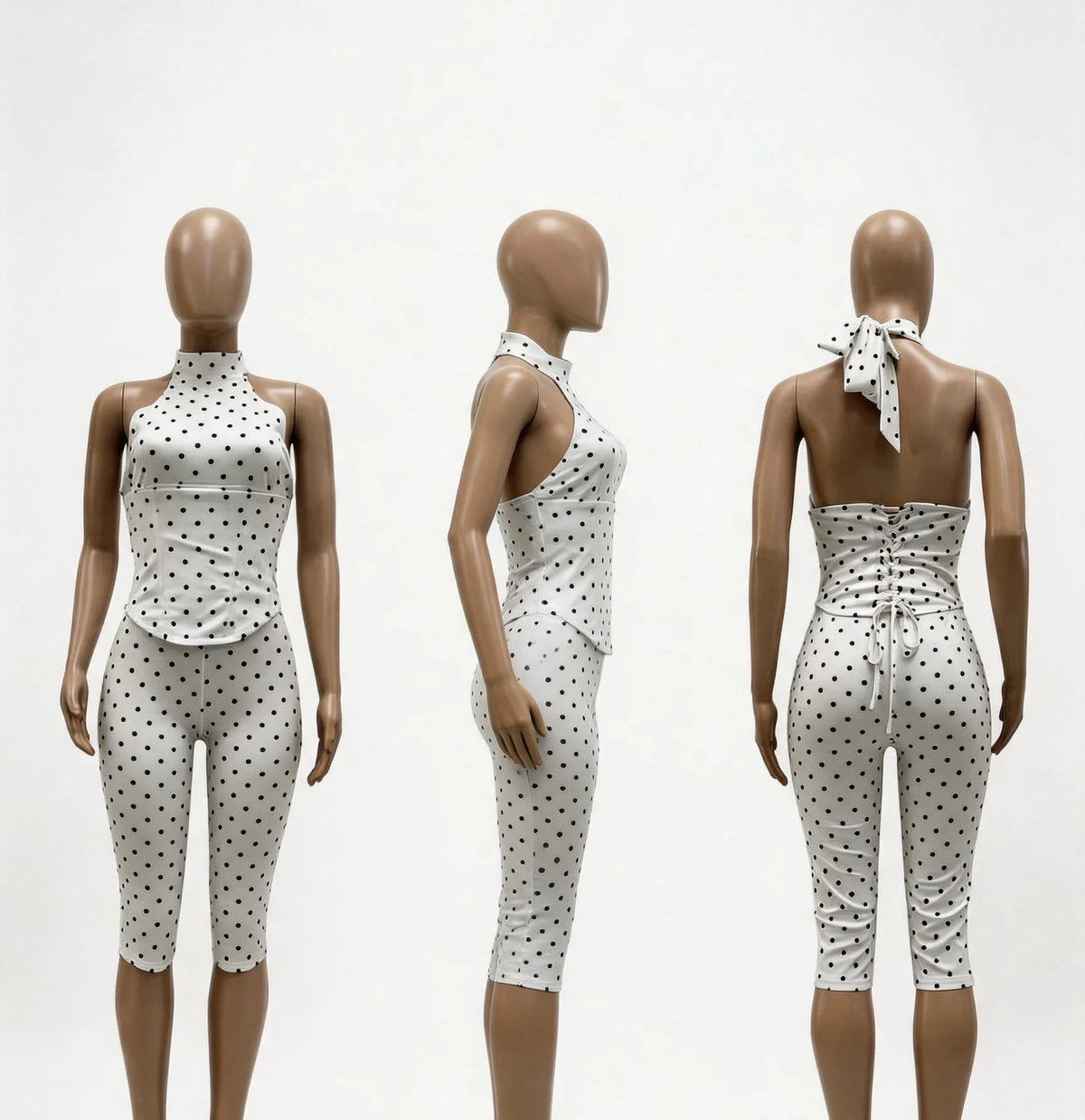 Grommet Lace Up Corset Side Zipper Patchwork Polka Dots Print Calf Length Jumpsuits Women Lace Up Halter Backless Slim Overalls