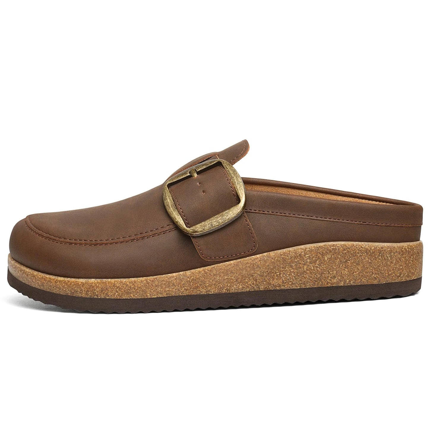 Evshine Women Loafer Style Clog Slippers Vegan Leather Adjustable Big Buckle Cork Footbed Casual Ladies House Home Slippers