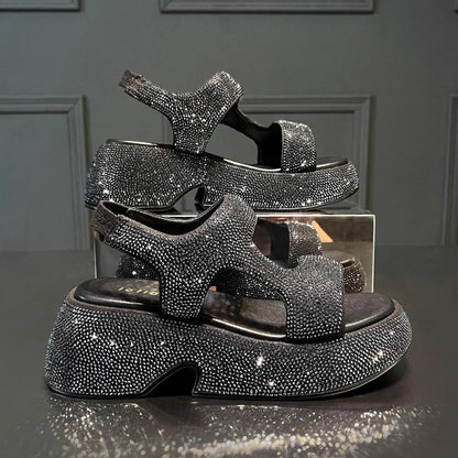Fashion Luxury Rhinestone Women Sandals Summer New Sheepskin Elastic Band Thick-soled Open-toed Roman Flat Sandals
