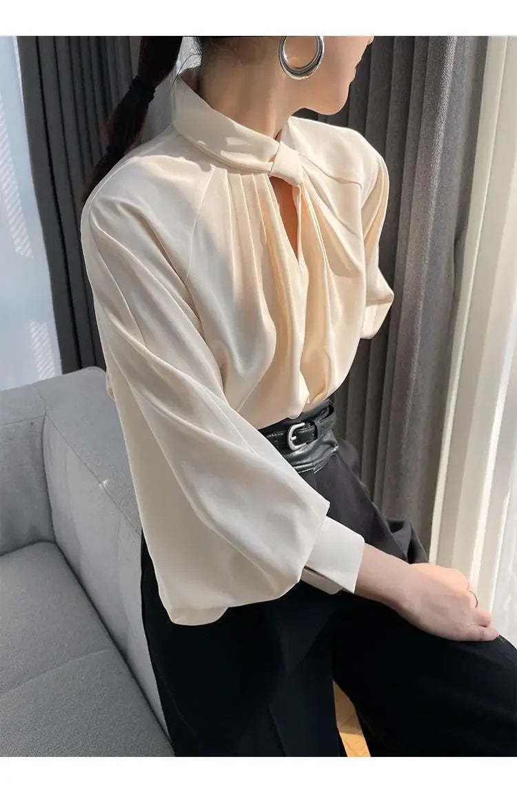 Women's Korean Fashion Hollow Ruffled Elegant Blouse Office Lady Stand Collar Business Casual Shirt Long Sleeve Solid Loose Tops