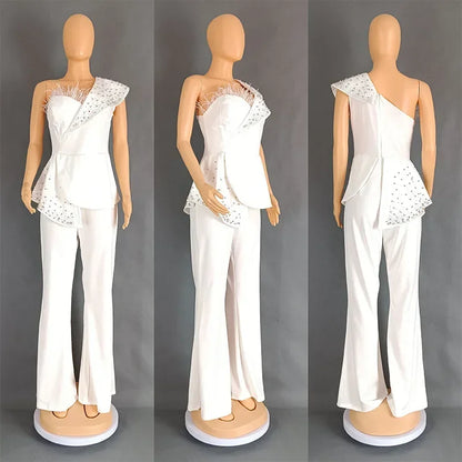 Women Jumpsuit One Shoulder Feather Diamond Peplum Party Fashion Female One Piece African Event Occasion Rompers New Summer 2024