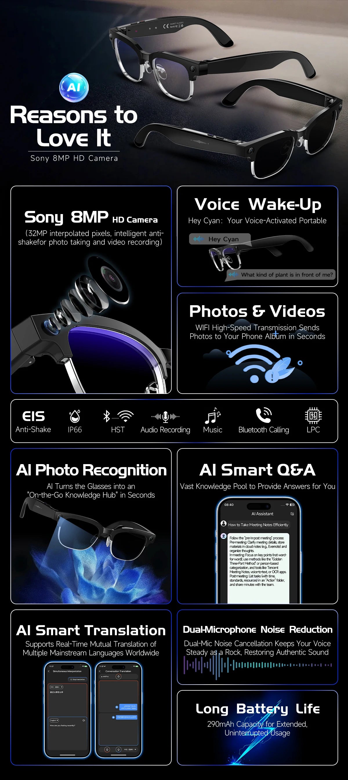 New AI Smart Glasses Various Language Translation 800W Pixel Camera Video Music Player Call Business 8K Color Change Glasses Men