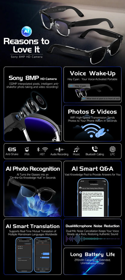 New AI Smart Glasses Various Language Translation 800W Pixel Camera Video Music Player Call Business 8K Color Change Glasses Men