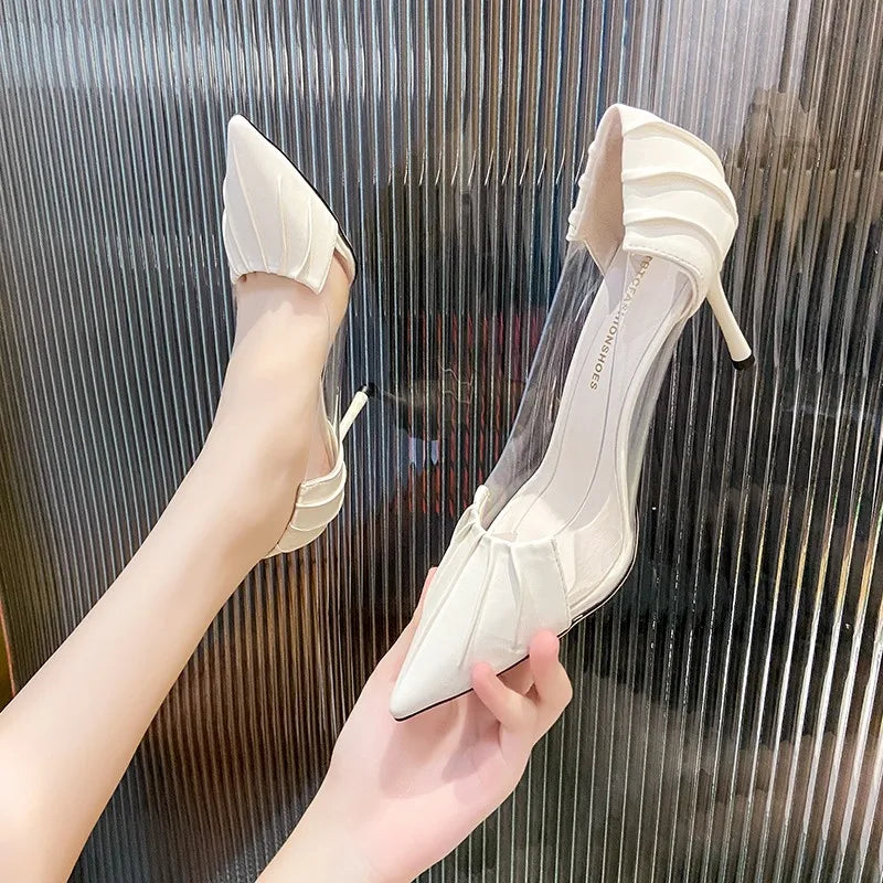 New Luxury Women's Spring and Summer Baotou Transparent Stiletto High Heels Pumps Rhinestone Pointed Single Shoes All-match