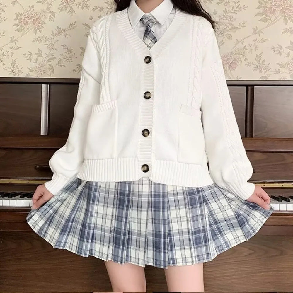 School Autumn Winter Lazy Style Japanese JK Knit Cardigan Loose College Sweater Plaid Skirt Matching Set For Campus Daily Class
