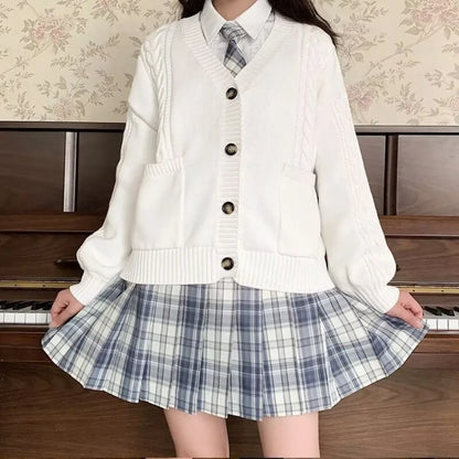 School Autumn Winter Lazy Style Japanese JK Knit Cardigan Loose College Sweater Plaid Skirt Matching Set For Campus Daily Class