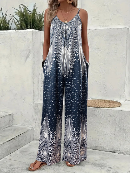 Women's Off the Shoulder Slingback Long Length Drawings Print Jumpsuit-Fall Sleeveless Jumpsuit For holiday outfits women