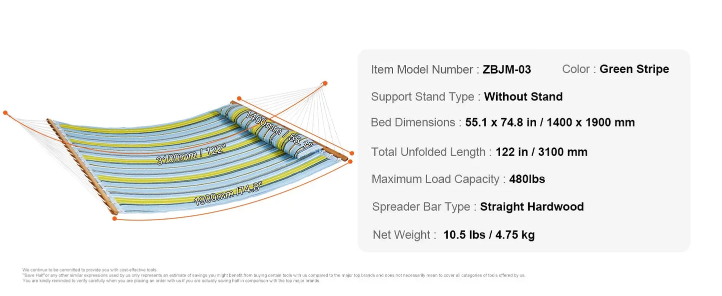 SucceBuy Two Person Hammock with Stand Included Double Hammock with Curved Spreader Bar and Detachable Pillow and Portable Bag