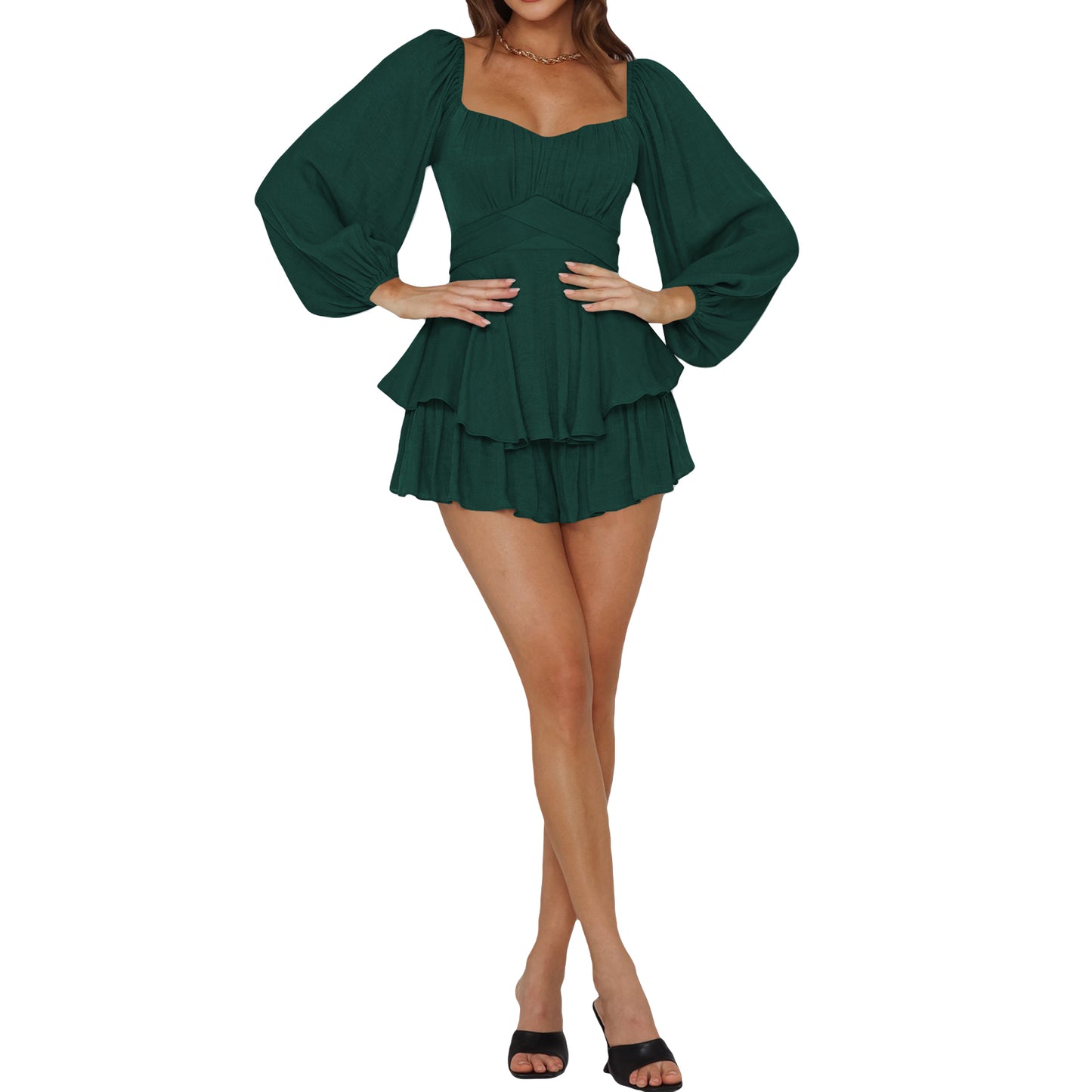 Women Puff Sleeve Rompers Elegant Off Shoulder Ruffle Playsuits Spring Summer Long Sleeve Flowy Layered Pirate Jumpsuits