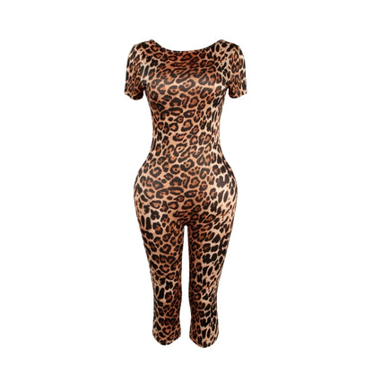 FAGADOER Sexy Leopard Print Bodycon Jumpsuits Women Sleeveless Backless Short Sleeve  Rompers Female Club Party Overalls 2025