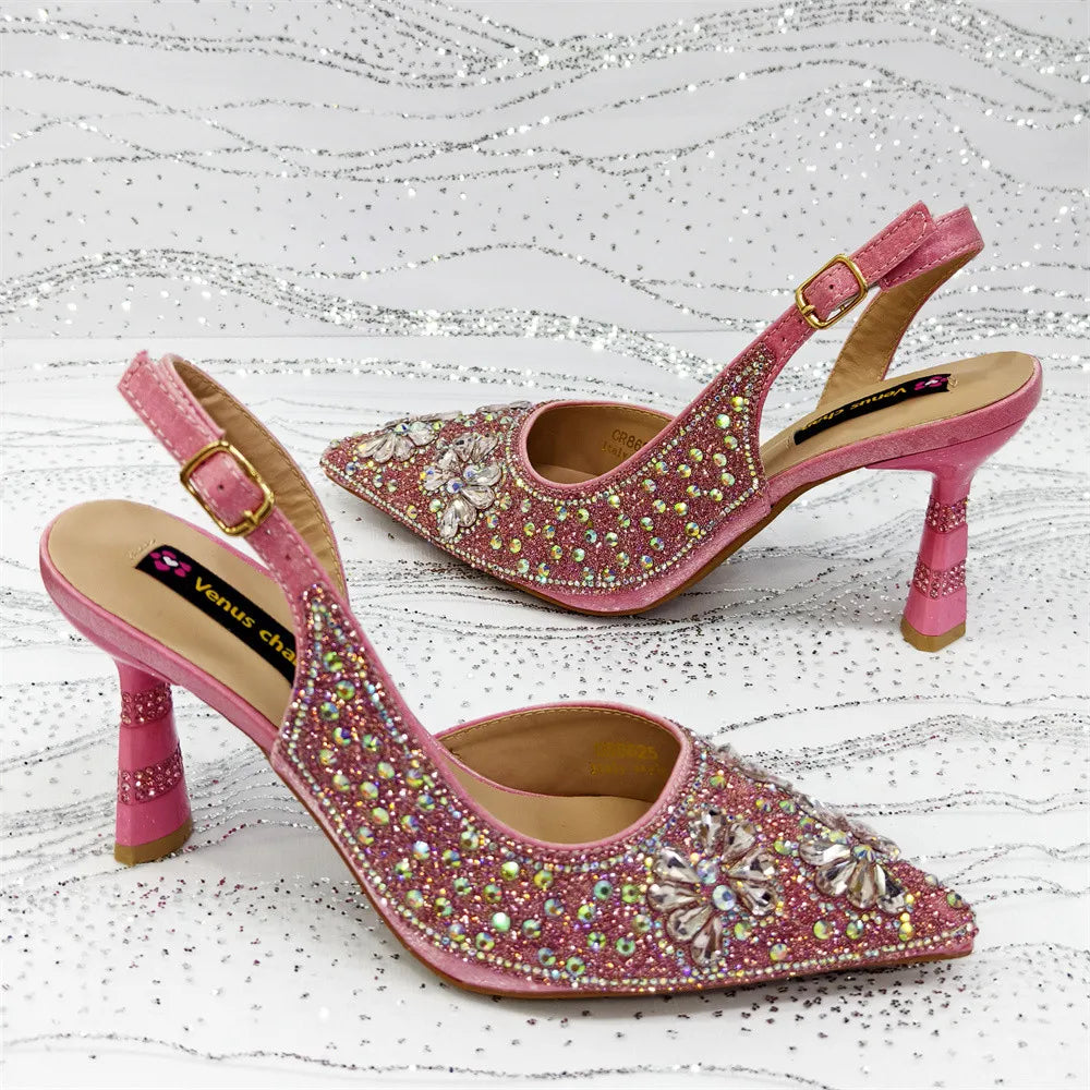 Luxury Handmade Flowers Shoes and Clutch for Women- Nigerian Style Elegant Crystal Heels with Matching Evening Bags