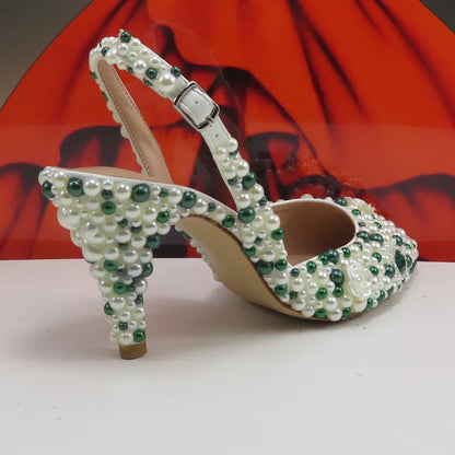 BaoYaFang Green Pointed Toe Pearl Bridal Wedding Shoes and Bag Thin Heel Slingbacks Female Ladies Party Shoe Shallow Women Shoes