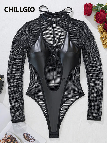 CHILLGIO Sexy Tranparent Mesh PU Women Rompers Bodycon One Piece Combination Onesie Fashion Streetwear Hollow Catsuit Hot Tights