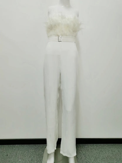 Elegant Jumpsuit Women Long One Piece Strapless White Slash Neck Feather Y2k Top Sexy Wedding Party Night Evening Rompers Summer