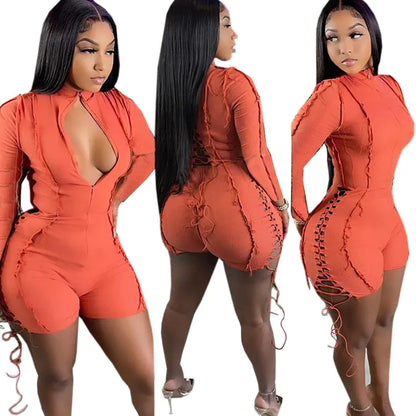 Jump Suits Women One Piece Full Sleeve Drawstring Overalls Short Pants Tight Waist Rompers Hollow Out Y2k Streetwear Sexy 2026