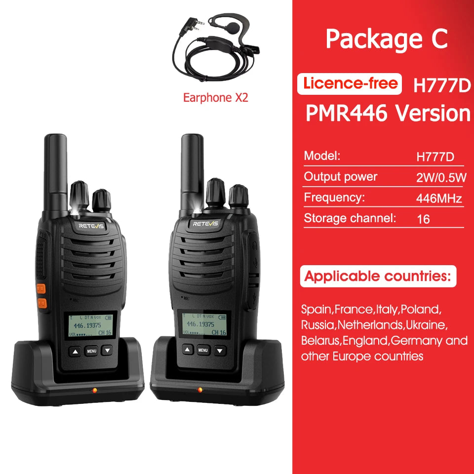 Retevis H777D Walkie Talkie PMR446 Portable License-Free LCD Display Radio Long Range Type-C Camping Use